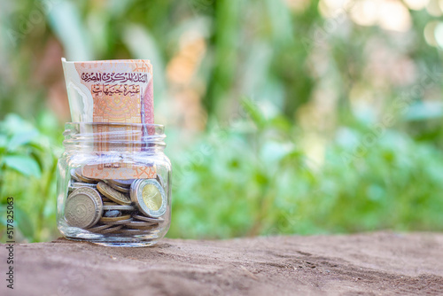 Egyptian Money, Paper Banknotes and Coins in Glass Jar, Plastic New Ten Egyptian Pound, Farm Background, Growth Concept