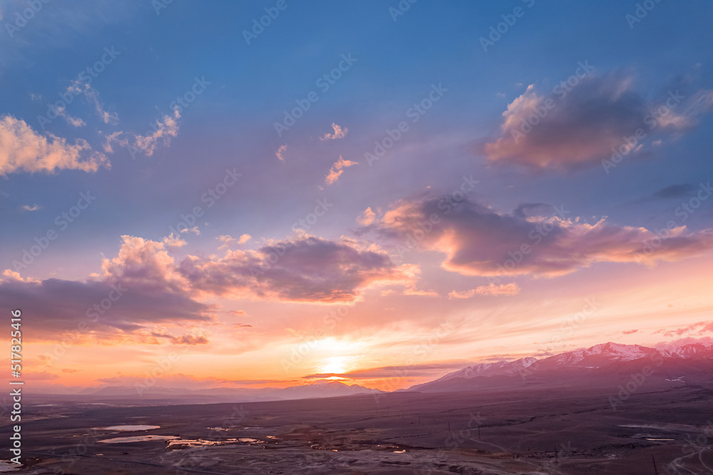 Beautiful sunset in mountains Altai Siberia Russia, drone aerial view