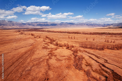 Altai Kurai steppe Russia, beautiful landscape autumn forest with snow peaks mountains Chuysky tract. Aerial top view