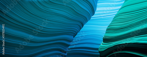 Blue and Turquoise 3D Rippled Geometry. Trendy Wallpaper with Natural Surfaces.  photo