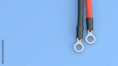 Power electrical wires with ring terminal for screw fastening. Two cables with a connector on a blue background with copy space. 3d render