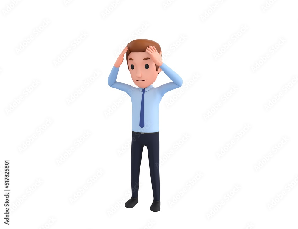 Businessman character with hand on head for pain in head because stress in 3d rendering. Businessman character with hand on head for pain in head because stress in 3d rendering.