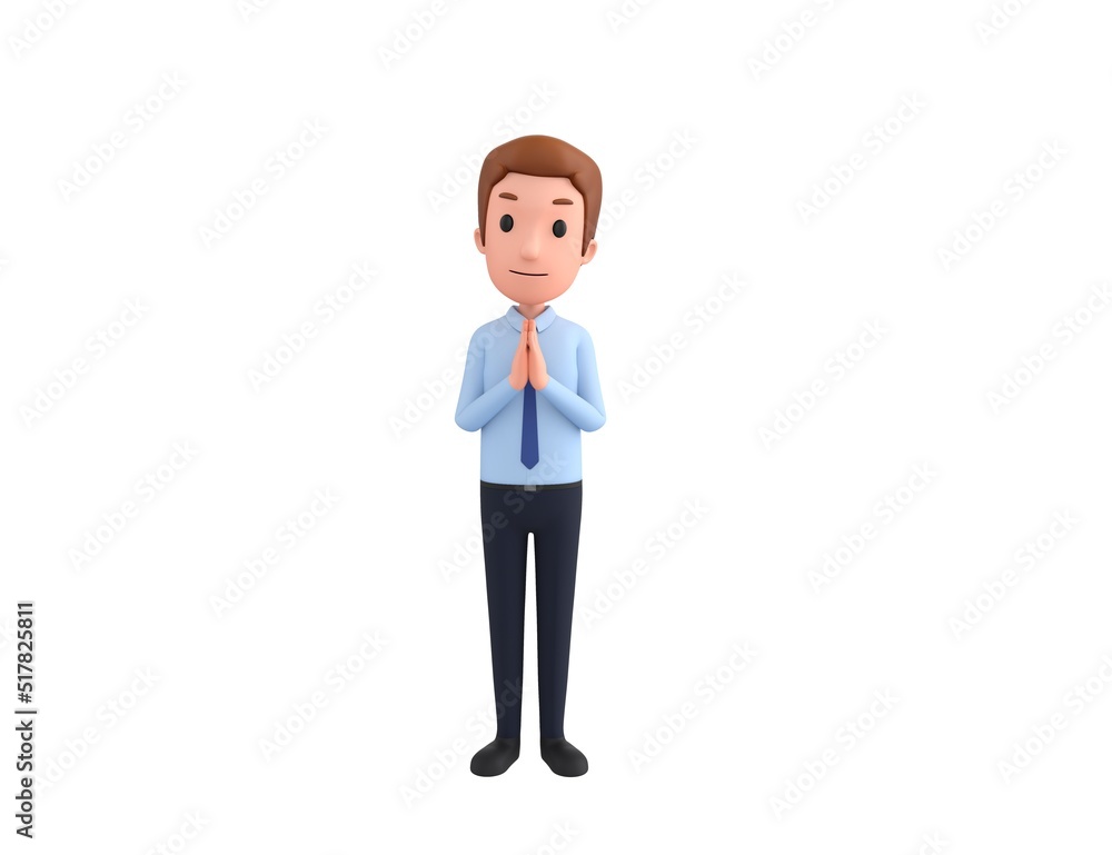 Businessman character praying with hands held together in 3d rendering.