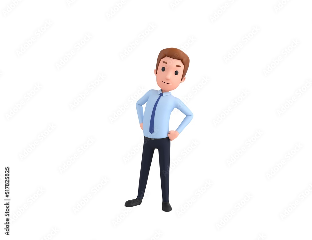 Businessman character with hands on hip in 3d rendering.