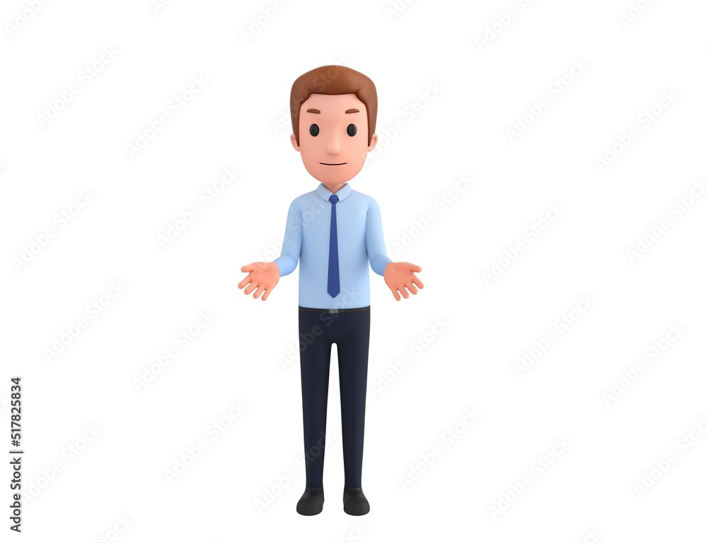 Businessman character show welcome gesture in 3d rendering.