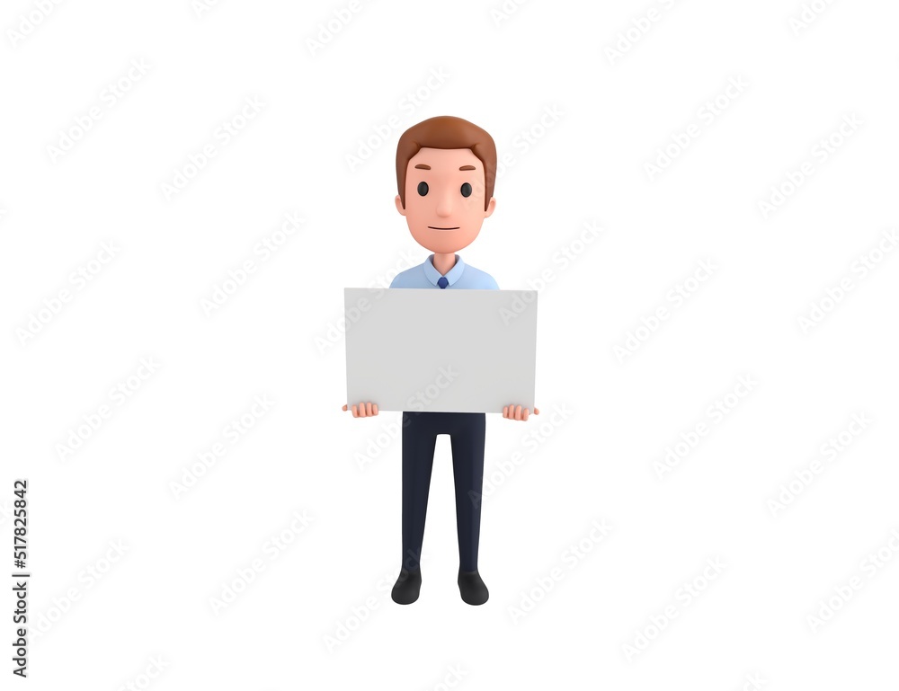 Businessman character holding a blank billboard in 3d rendering. Businessman character holding a blank billboard in 3d rendering.