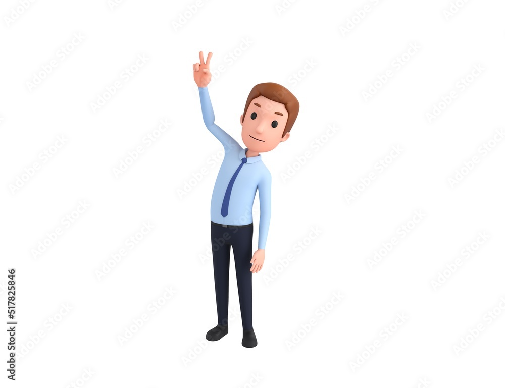 Businessman character showing two finger in 3d rendering. Businessman character showing two finger in 3d rendering.