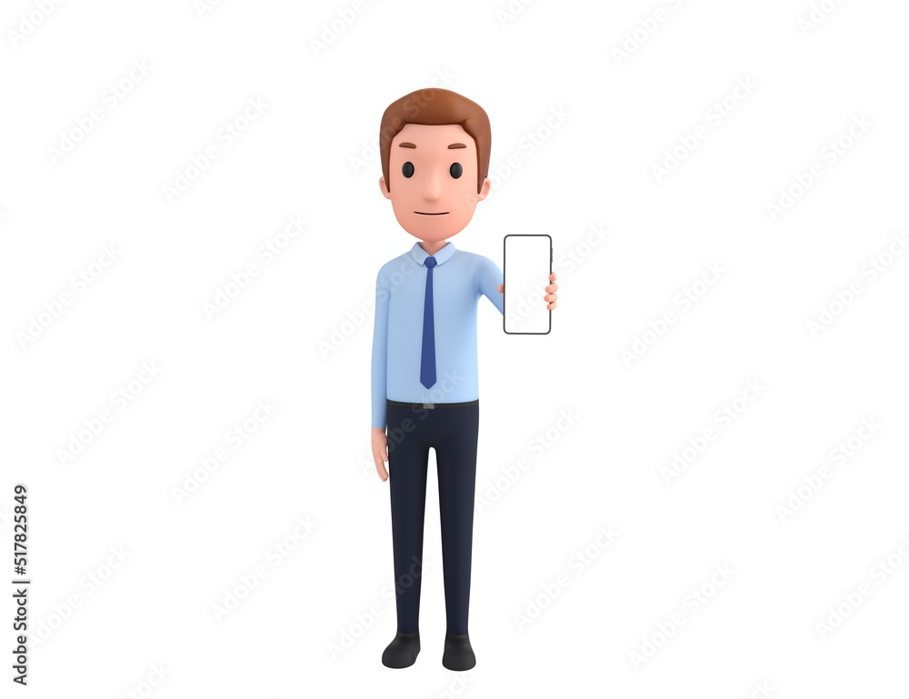 Businessman character showing his phone in 3d rendering.