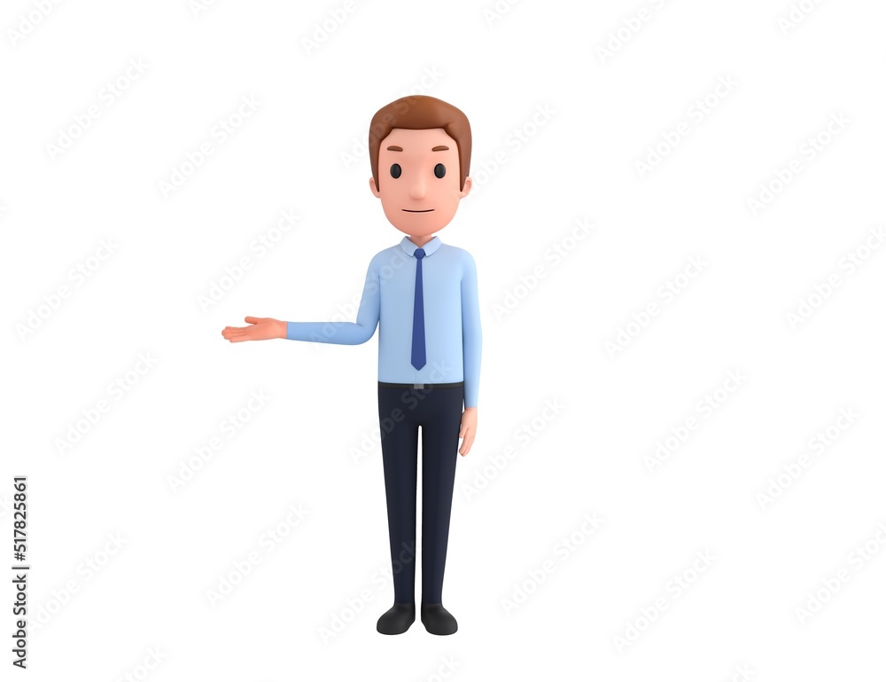 Businessman character looking to camera and pointing hand to the side in 3d rendering.