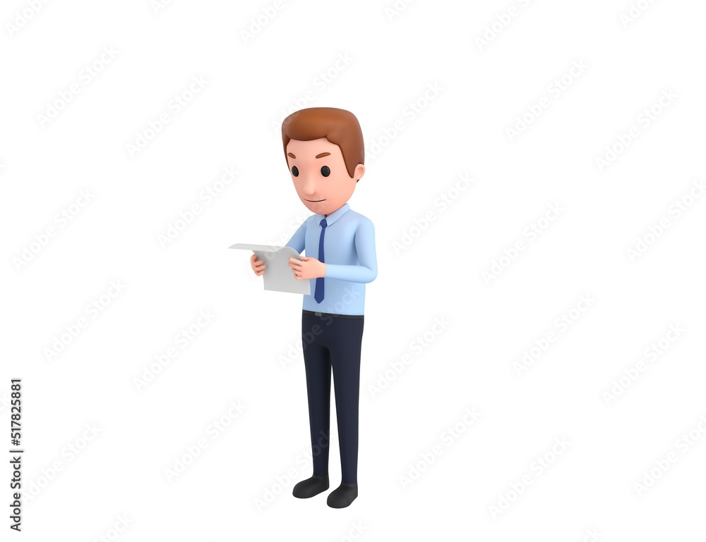 Businessman character reading paper in 3d rendering.