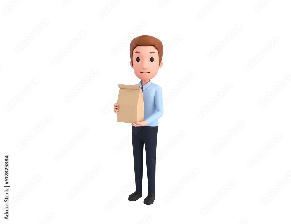 Businessman character holding paper containers for takeaway food in 3d rendering. Businessman character holding paper containers for takeaway food in 3d rendering.