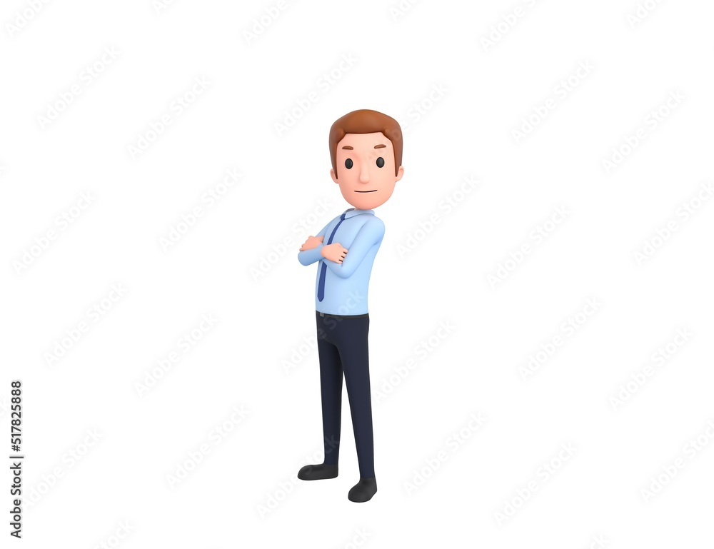 Businessman character cross arms and looking to camera in 3d rendering.