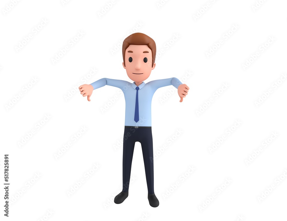 Businessman character showing thumb down with two hands in 3d rendering. Businessman character showing thumb down with two hands in 3d rendering.