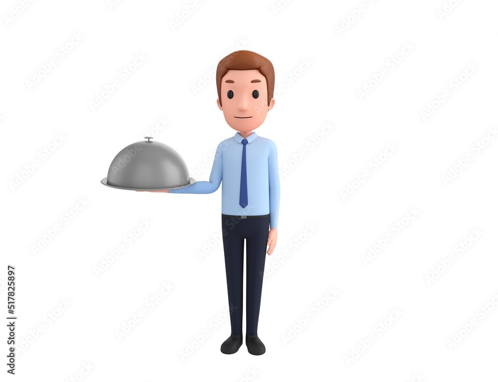 Businessman character serving a meal under a silver cloche or dome in 3d rendering. Businessman character serving a meal under a silver cloche or dome in 3d rendering.