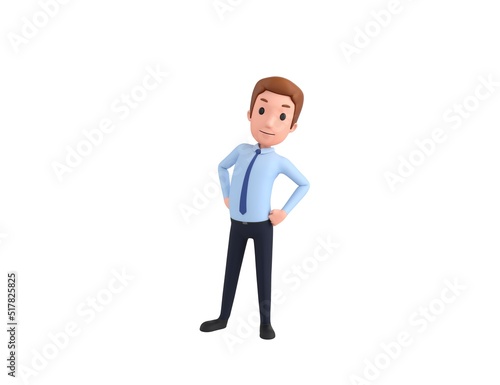 Businessman character with hands on hip in 3d rendering.