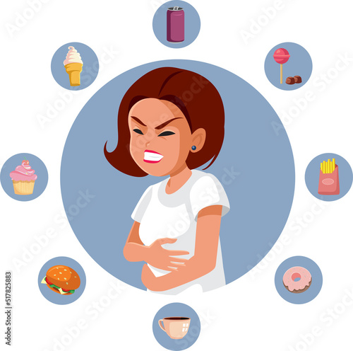 Woman Eating Fast Food Feeling Constipated Vector Illustration. Patient being sick after consuming junk food and drink suffering from stomachache and constipation
