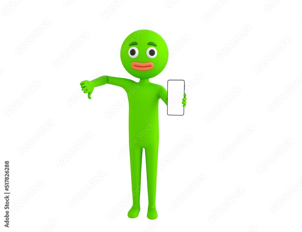 Green Man character show his phone and give thumb down in 3d rendering. Green Man character show his phone and give thumb down in 3d rendering.