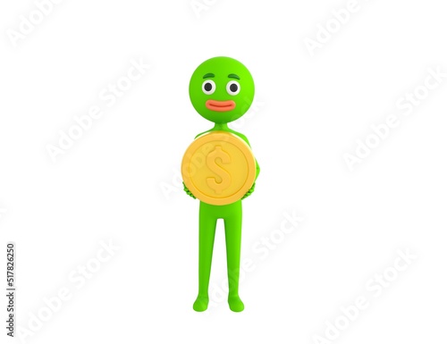Green Man character holding golden dollar coin in 3d rendering.