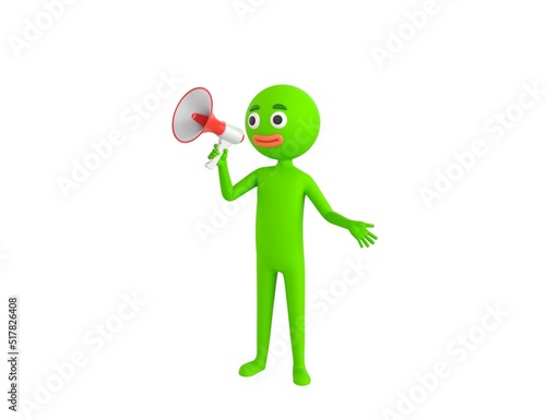 Green Man character talking in megaphone in 3d rendering.
