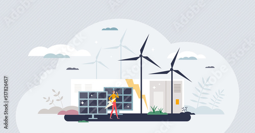 Energy storage with electricity charged battery cell tiny person concept. Sustainable power efficient accumulation with container units vector illustration. Wind turbine or solar panel voltage station