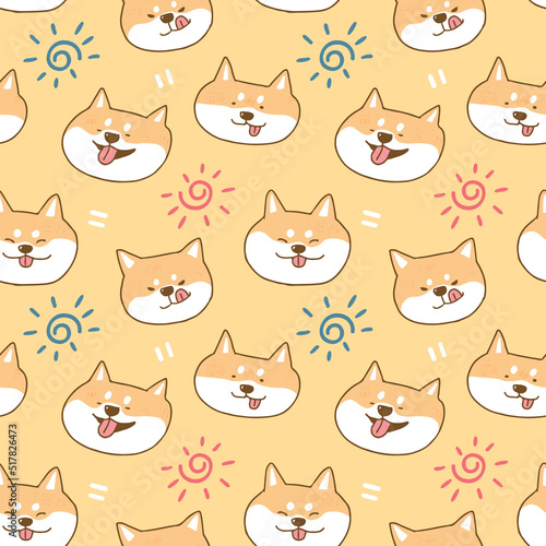 Seamless Pattern with Cute Cartoon Shiba Inu Face Illustration Design on Yellow Bakground