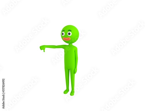 Green Man character showing thumb down in 3d rendering.