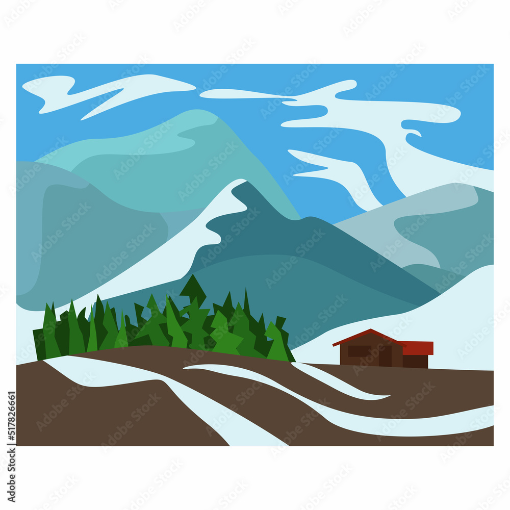 A house in the mountains. A campsite among the snowy mountains. Alpine camp. Vector flat illustration of nature.