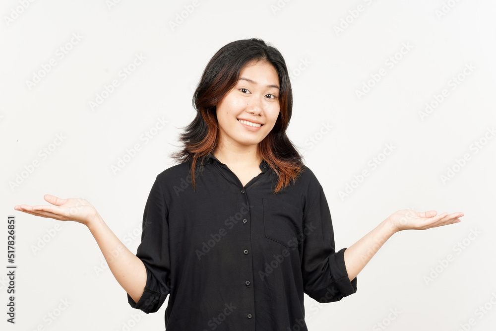 Showing and Presenting Two Product on Open Palm of Beautiful Asian Woman Isolated On White Showing and Presenting Two Product on Open Palm of Beautiful Asian Woman Isolated On White