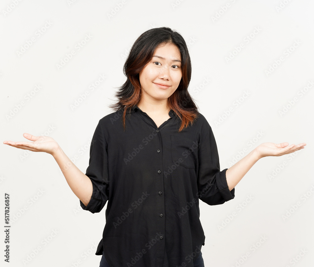 Showing and Presenting Two Product on Open Palm of Beautiful Asian Woman Isolated On White Showing and Presenting Two Product on Open Palm of Beautiful Asian Woman Isolated On White