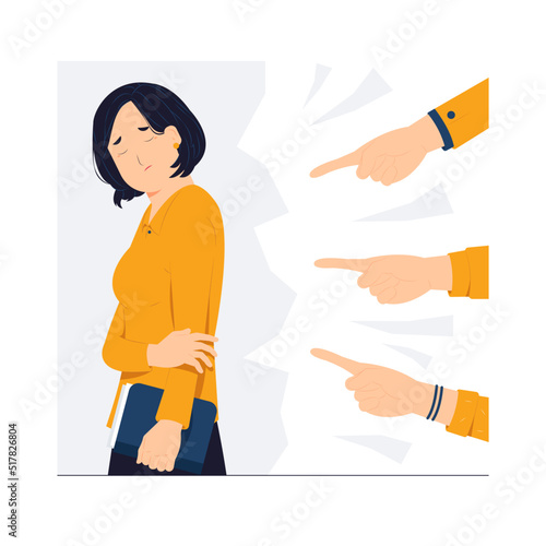 Sad upset woman looking down judged with many different hands and fingers pointing at her, Accusation guilty, bully, and getting blamed concept illustration