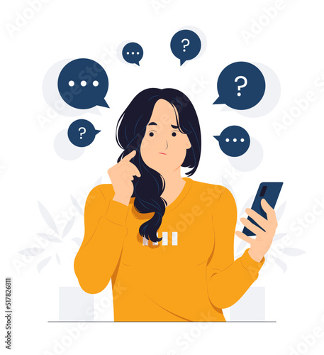 Woman holding phone with questioned, thinking, and confused with question mark looking up with thoughtful focused expression concept illustration