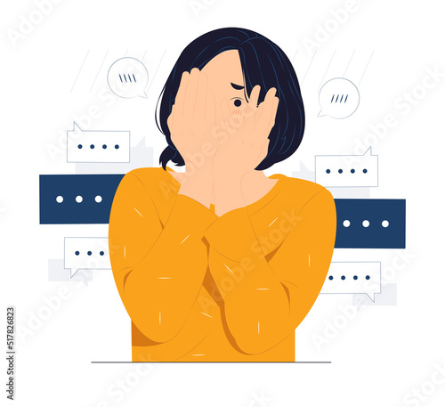 Timid woman covering face with hand and peeking through, embarrassing, feeling sorry, shying concept illustration