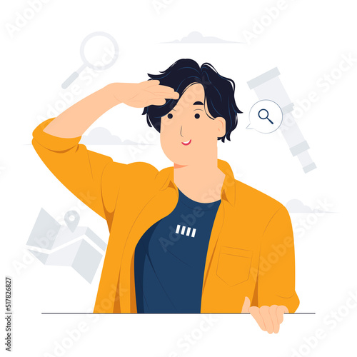 Curious man looking far away with hand over head, trying to see something, bad vision, searching, holding palm on forehead and gasping. surprised, and amazed concept illustration