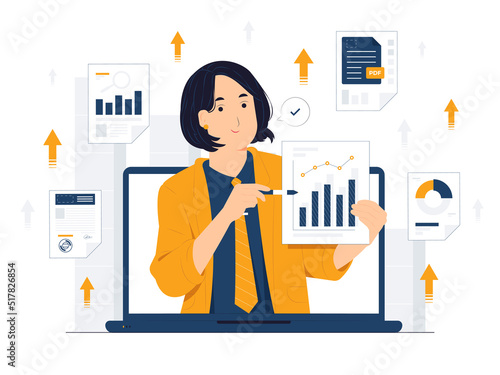 Businesswoman holding pen while showing and pointing to paper chart, do business video call conference, telecommuting, Webinar, using laptop talk to colleagues, and remote working concept illustration