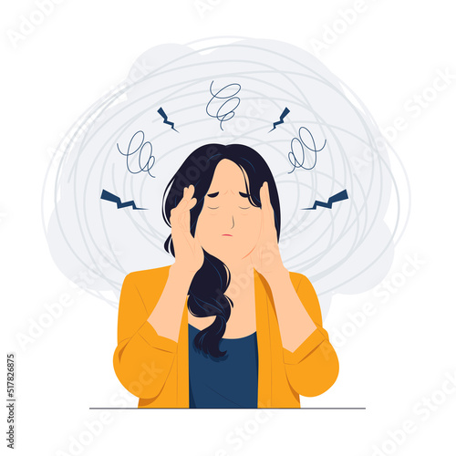 Tired business woman holding her hair under stress during work, headache, migraine, dizzy, tired, Frustrated, Deadline, Tiredness, feeling exhausted because of overwork concept illustration