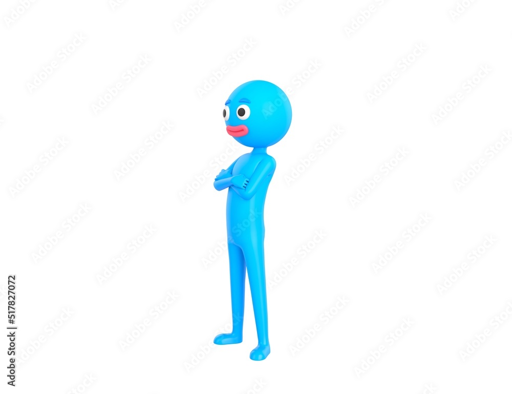 Blue Man character smiling with arms crossed look to the side in 3d rendering. Blue Man character smiling with arms crossed look to the side in 3d rendering.