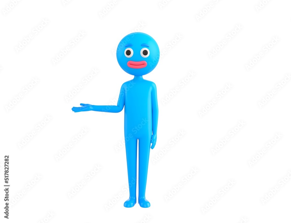 Blue Man character looking to camera and pointing hand to the side in 3d rendering. Blue Man character looking to camera and pointing hand to the side in 3d rendering.