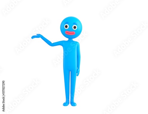 Blue Man character raise his hand and pointing to the side in 3d rendering.