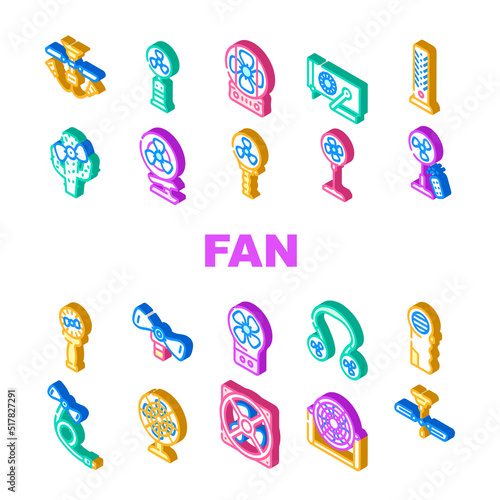 Fan Electronic Cooling Device Icons Set Vector. Ceiling And Floor Fan, Children Ventilator In Cactus Shape And Connected To Mobile Phone. Gadget With Remote Control And Manual Color Illustrations