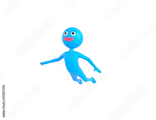 Blue Man character flying in 3d rendering.