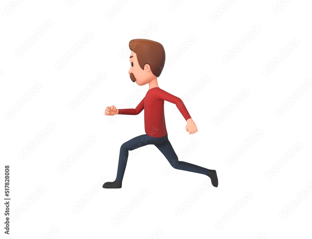 Man wearing Red Shirt character running to the left side in 3d rendering.