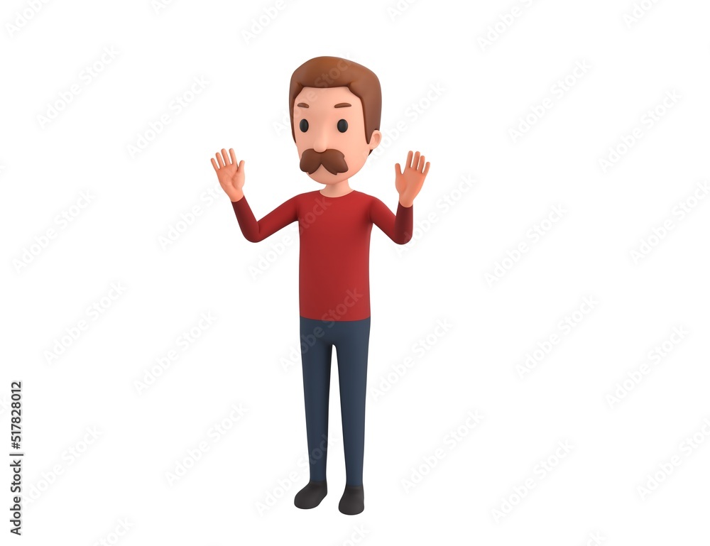 Man wearing Red Shirt character raising hands and showing palms in surrender gesture in 3d rendering. Man wearing Red Shirt character raising hands and showing palms in surrender gesture in 3d rendering.