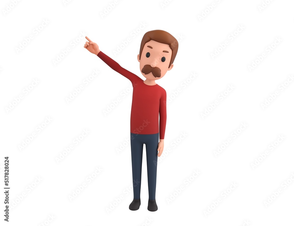 Man wearing Red Shirt character pointing up his index finger in 3d rendering.