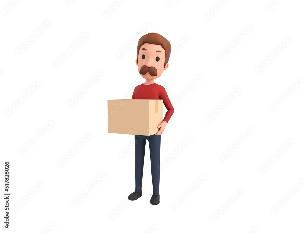 Man wearing Red Shirt character carrying a package in 3d rendering. Man wearing Red Shirt character carrying a package in 3d rendering.