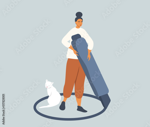 vector illustration in a flat style on the topic of protection of personal boundaries. girl draws a circle around herself with a marker 