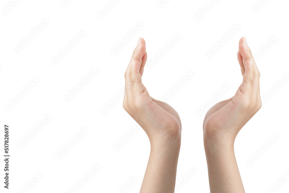 Two hands of young woman making figures, with white background and copy space Two hands of young woman making figures, with white background and copy space