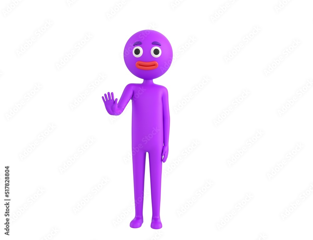 Purple Man character puts out his hand and orders to stop in 3d rendering. Purple Man character puts out his hand and orders to stop in 3d rendering.
