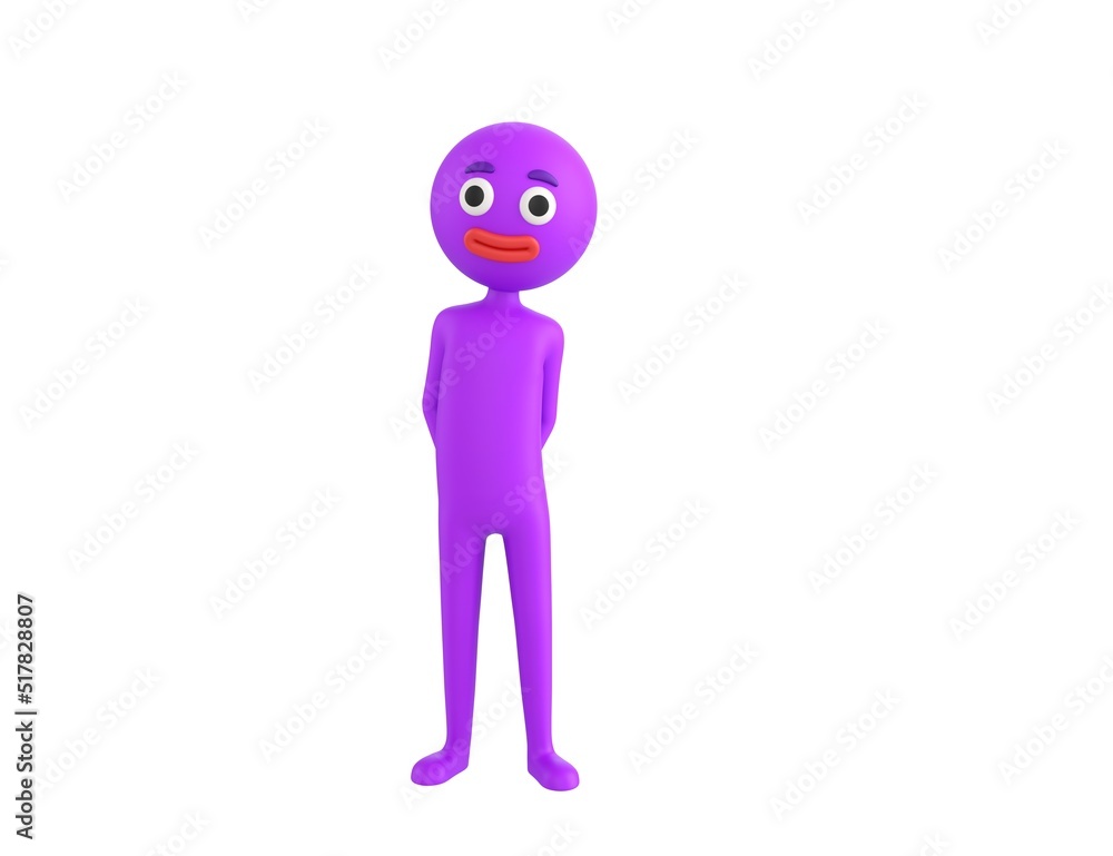 Purple Man character hides his hands behind his back in 3d rendering. Purple Man character hides his hands behind his back in 3d rendering.