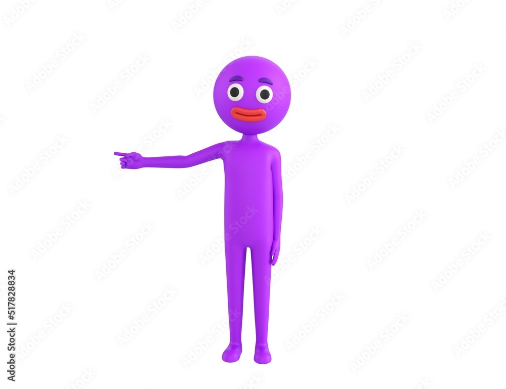 Purple Man character pointing his finger to the left in 3d rendering. Purple Man character pointing his finger to the left in 3d rendering.