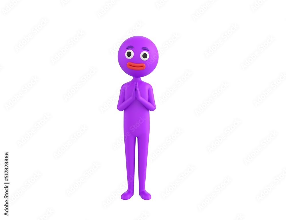 Purple Man character praying with hands held together in 3d rendering. Purple Man character praying with hands held together in 3d rendering.